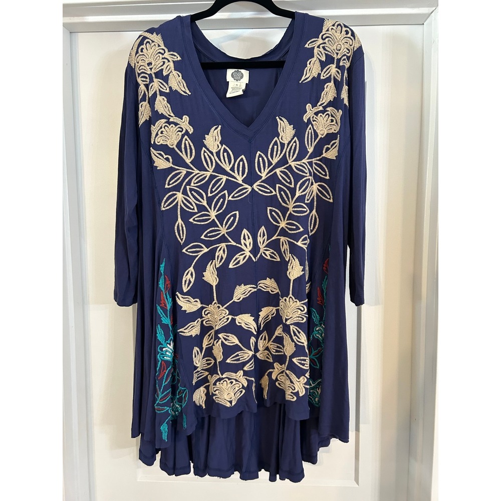 Sundance Catalog Classics Navy Blue Embroidered Floral High Low Top Womens XL